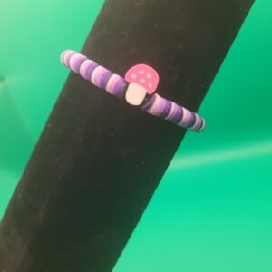 Purple clay bead bracelet w/ mushroom charm